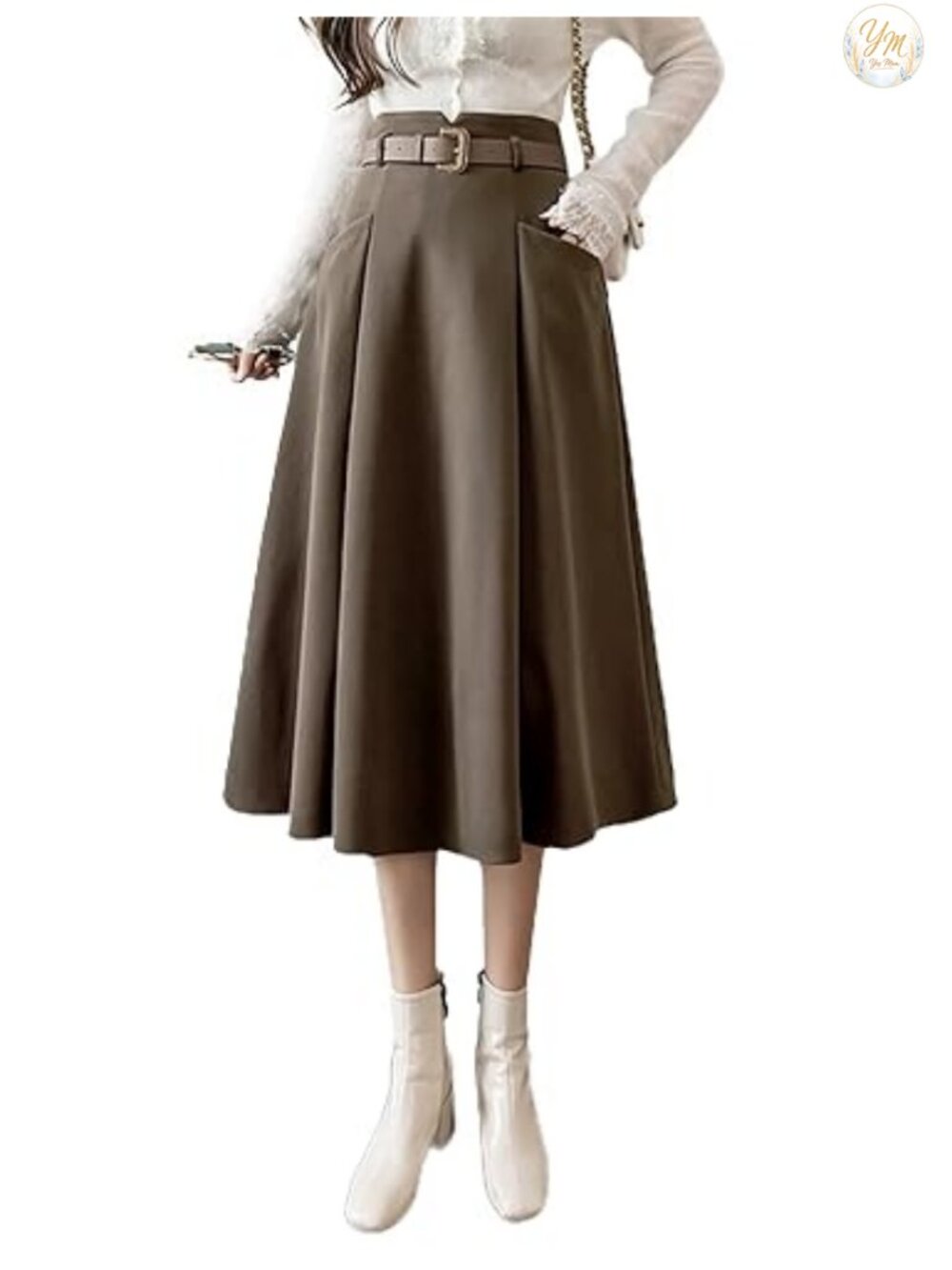Wool Midi Skirt High Waisted A-Line Pleated Belted Fall Winter Women